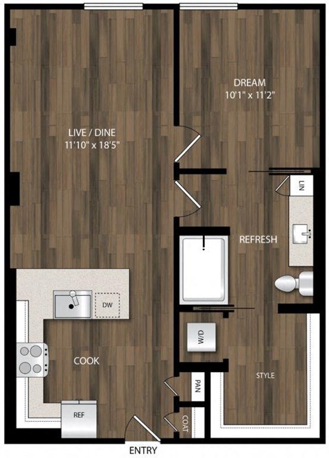 Floor plan for 1 bed, 1 bath, 737 sqft
